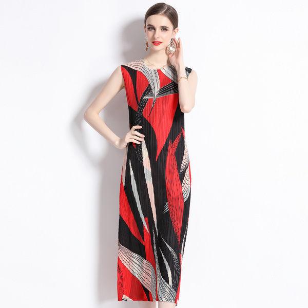 

Новое весенне-летнее плиссированное платье с длинной юбкой с принтом, высококачественный и утягивающий эффект, юбка-жилет без рукавов с круглым вырезом One Size чёрный