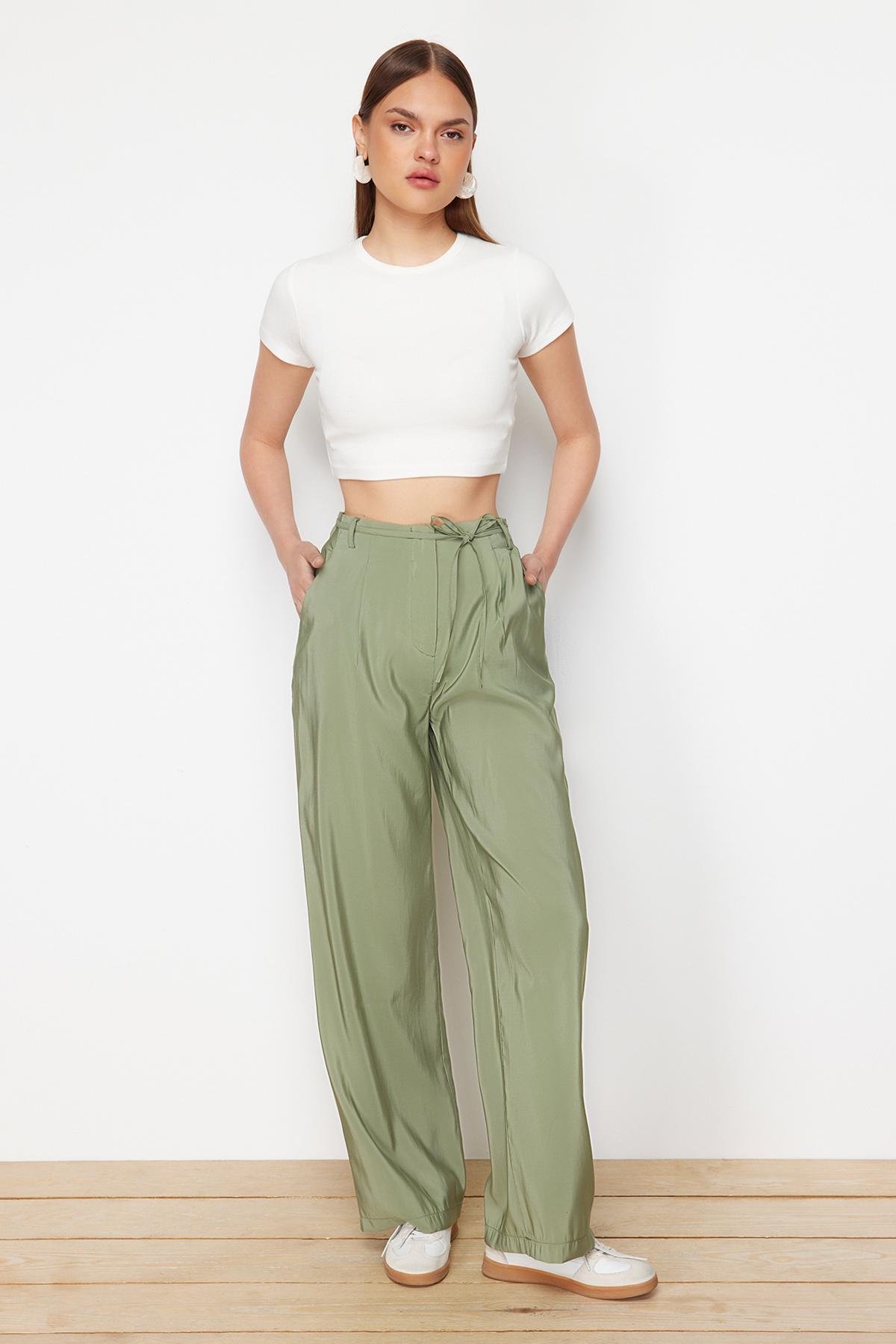 

Женские модные новые брюки цвета хаки, плиссированные широкие брюки с тонким поясом и широкими штанинами