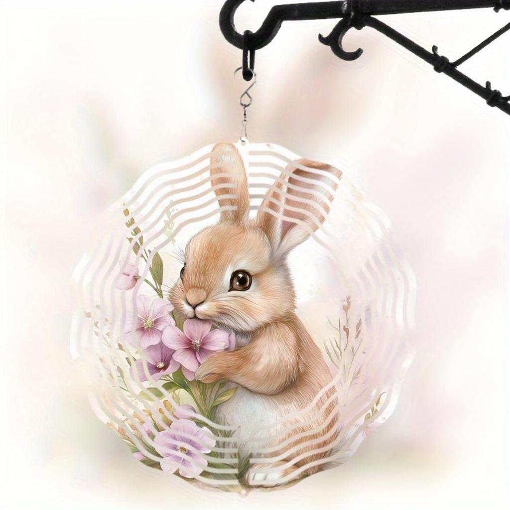 Rabbit Floral Wind Chime for Outdoors 10 Inch Rotating Metal Garden Decor Balcony Hanging Ornament No Battery Needed Gift Idea