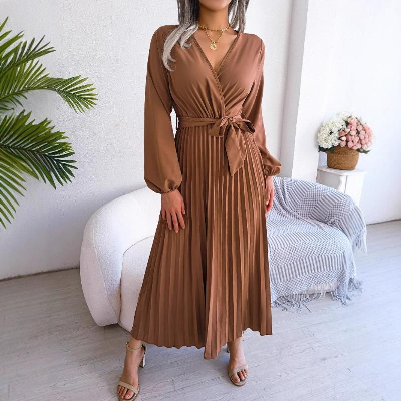 Women Cross V Neck High Waist Long Sleeve Solid Color Pleated Big Swing Maxi Dress