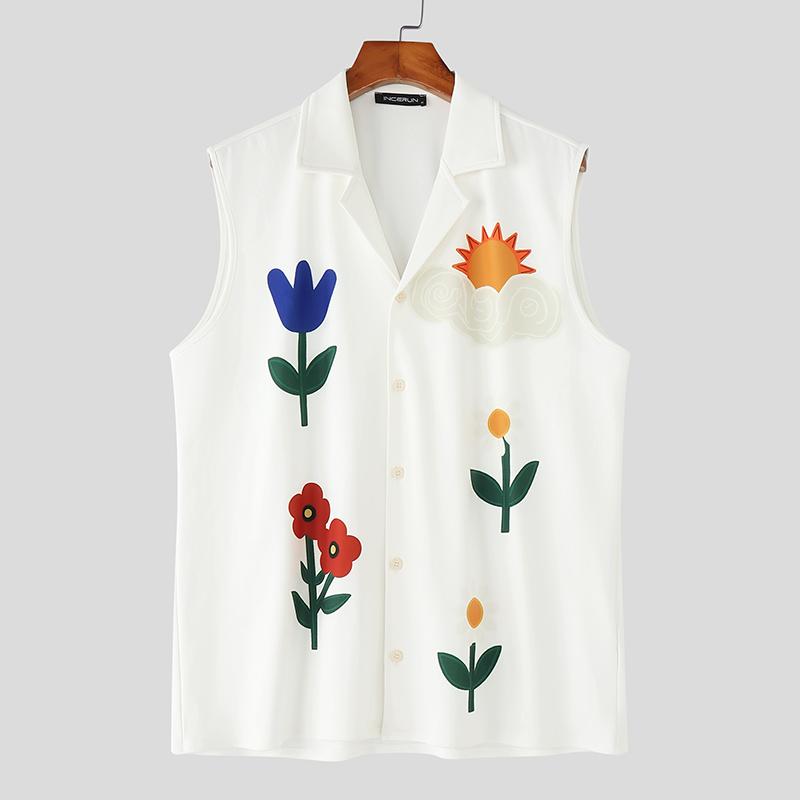 

INCERUN Men Summer Lapel Neck Sleeveless Floral Print Buttons Thin Casual Tank Tops 4XL белый