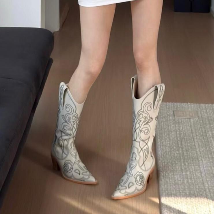 Pointed embroidered western cowboy boots women's spring and autumn new V-mouth but knee boots thick heel fashion knight boots