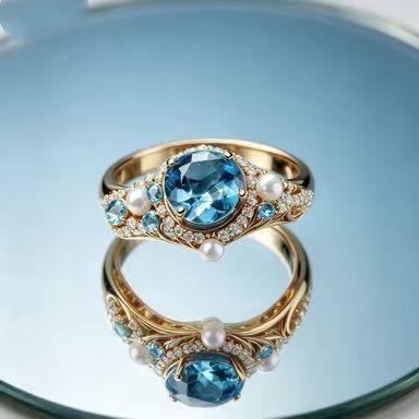 New European and American, ring inlaid with sea blue zircon versatile Internet celebrity women's jewelry, fashionable small