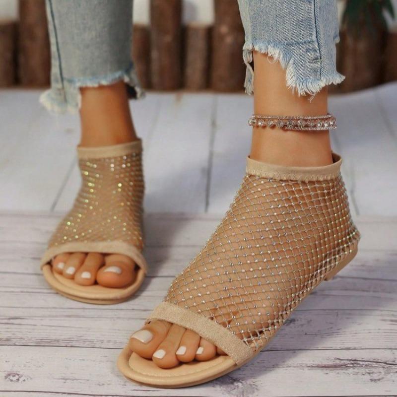 Fashion Crystal Mesh Women Weave Flats Sandals 2025 Summer Sexy Shoes Elegant New Trends Luxury Slippers Fad Cozy Soft Casual Sandalias