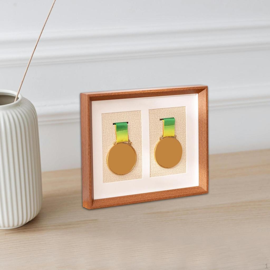 Double Medals Display Case Box Gifts Tabletop Decor Collectible Photo Frame Wood for Patches Runners