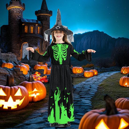 Glow in The Dark Witch Costume Halloween Cosplay Outfit for Kids Unisex Party Performance Robe for Halloween Parties And Festivals