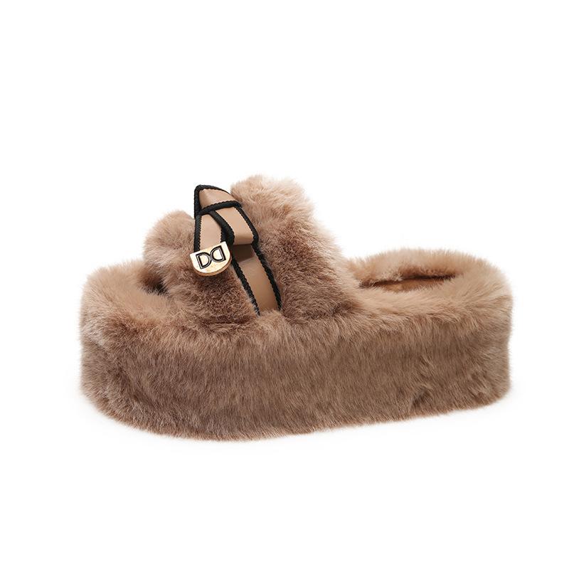 

High-heeled thick-heeled fluffy slippers for women s outerwear 2025 autumn and winter new Korean version of velvet warm thick-soled cotton slippers 40