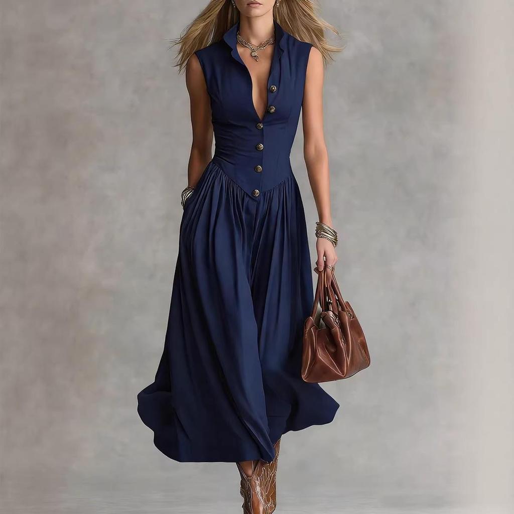 Spring 2026 French Style Elegant Slimming Lapel Multi-Button Long Dress for Women