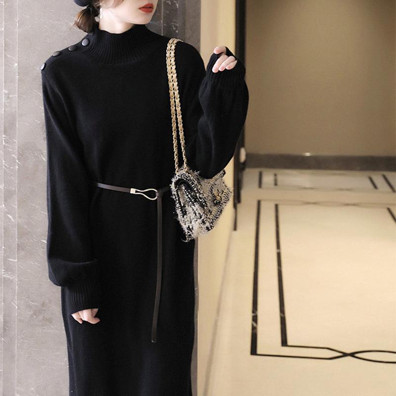 

Вязаное платье осень и зима с пальто женское приталенное юбка до колена, юбка-свитер сверху, темпераментная базовая юбка с воротником-стойкой One size fits all [80-130]