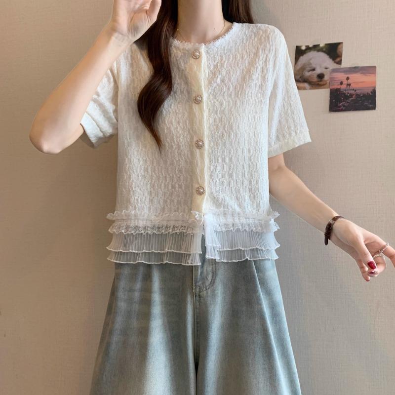 Women Sweet Style Short Sleeve Lace Trim Button Down Blouse S белый