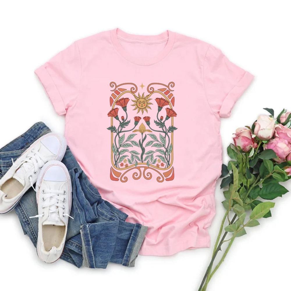 T-shirt Fleurs Sauvages Bohème T-shirt Fleurs Bohèmes Femme Manches Courtes T-shirts Vintage Casual Hauts Floraux Nature T-shirt Vêtements Femme