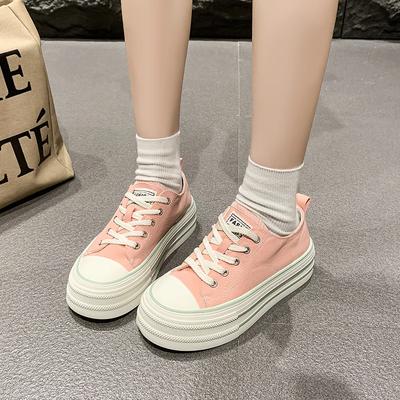 Classic White Canvas Shoes Women's Solid Lace-up Casual Thick-sole Shoes Platform Sneakers Fashionable Round-toe Walking Shoes