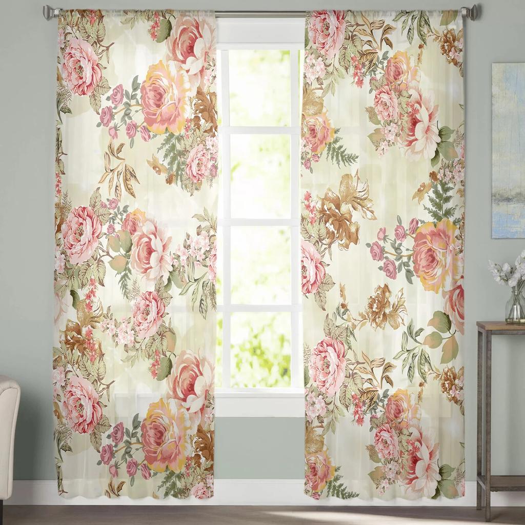 Vintage Floral Abstract Overlay Foliage Voile Sheer Curtains Living Room Window Tulle Curtain Kitchen Bedroom Drapes Home Decor
