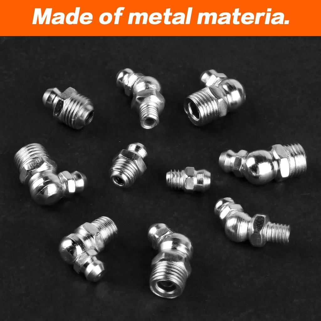 45pcs Metric Grease Fittings Kit,Hydraulic Grease Zerk Assortment Kit, 45 90 180 Degree Grease Gun Fittings, M6 M8 M10 Straight and Angled Grease