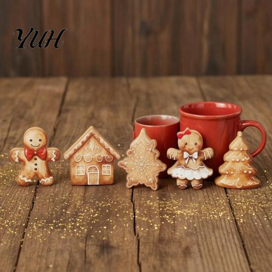 Handcrafted Wooden Christmas Figures 5Pcs/Set Gingerbread Man Tabletop Decor, Vintage Cookie Gift for Family Shaped Ornament Home Mantel, Festive