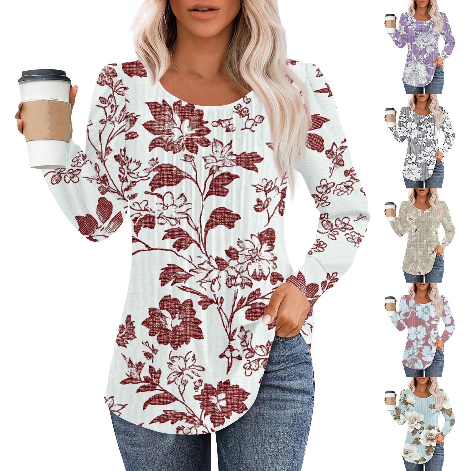 

Women s Fashion Casual Pleated Round Neck Vintage Floral Print Long Sleeve T-Shirt Top L