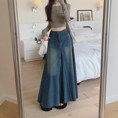 Saia Jeans Feminina Retrô Lavada de Cintura Alta Linha A, Coleção Primavera 2025