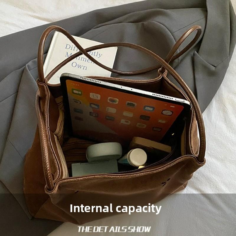 Vintage Suede Leisure Shoulder Bag Women New Hollow Out Tote Large Capacity Commuter Handle Bag Texture and Versatile Bucket Bag