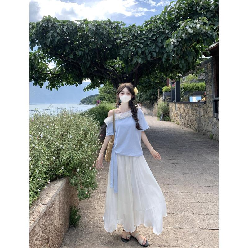 

Летний Сладкий Тонкий Кружевной Дизайн с Косым Плечом и Боковыми Бретелями Универсальный Топ Футболка Женская Футболка с Коротким Рукавом L