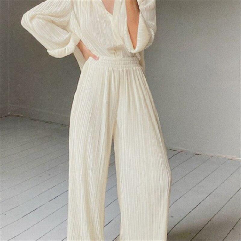 

Плиссированные комплекты с широкими брюками, женские эластичные брюки-палаццо с высокой талией и рюшами + свободная блузка, комплекты рубашек, брюки большого размера, черный, белый M