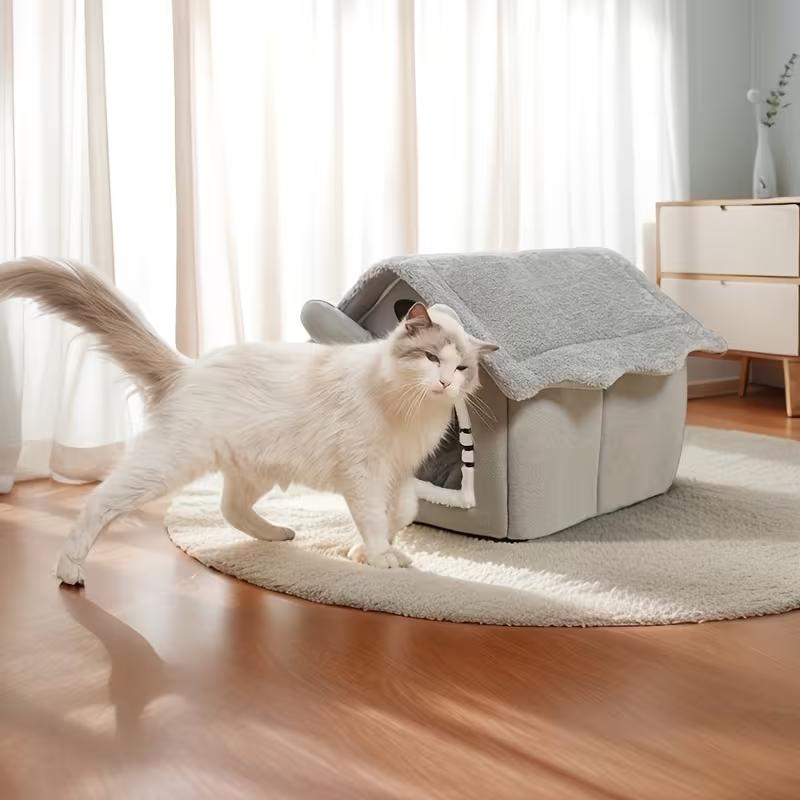 Cozy Pet House for Indoor Cats and Small Dogs, Removable Washable Pet Bed House with Soft Cushion, Warm Winter Pet Sleeping Nest