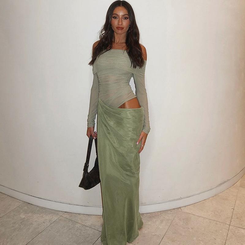 JY summer new long dress, European and American style temperament sexy one-word shoulder mesh hollow dress women