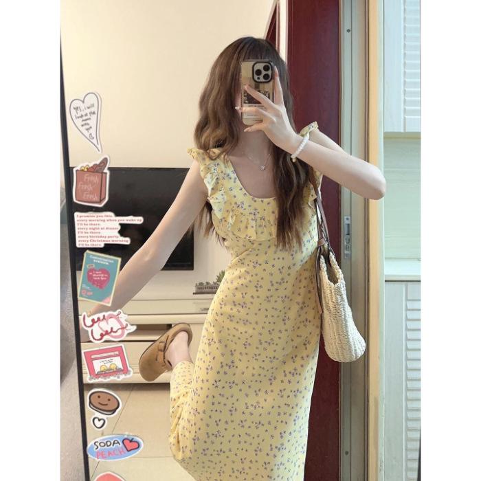 Women s Elegant French Floral Ruffled Dress - Cinched Waist, Gentle Style, Summer Long Dress S