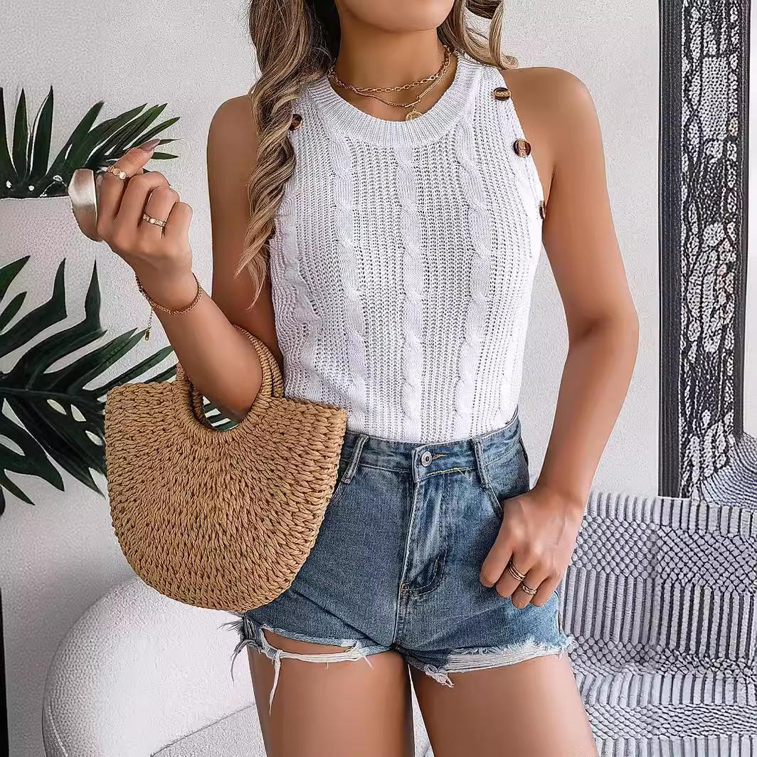 

GMXIA Summer Solid Color Braided Button Sleeveless Top Vacation Knitted Sweater Women s Wear S