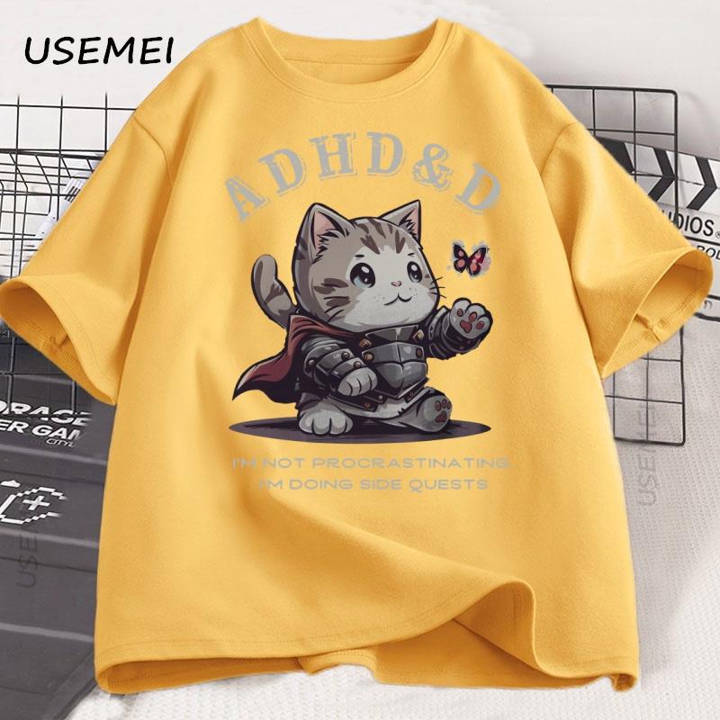 ADHD&D I'm Not Procrastinating Cat T-shirt Funny Graphic Printed Tshirts Cotton Short Sleeve Summer Loose Tees Oversized Tops