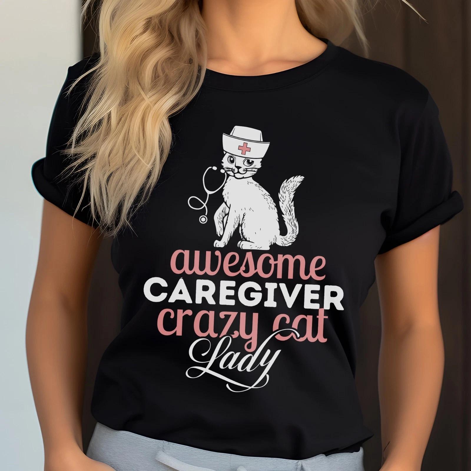 Awesome Caregiver Crazy Cat Lady T-Shirt 2XL
