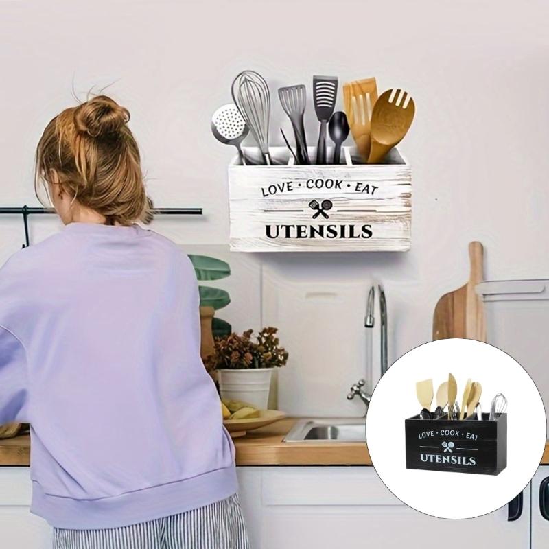 Porta Utensili in Legno Rustico Con Scomparti Profondi Per Organizzare Oltre 40 Strumenti e Accessori da Cucina