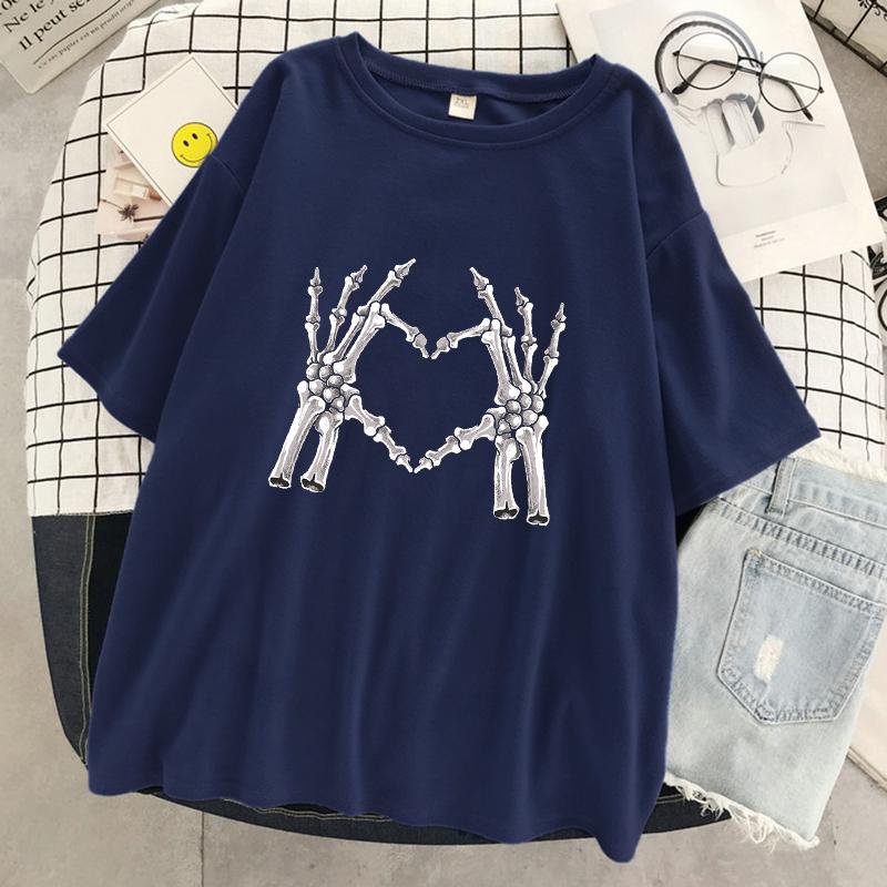 Skelettfinger Vergleichen Mit Dem Herz-Print Damen T-Shirt Street Casual T-Shirt Übergroße Weiche T-Shirts Baumwolle Atmungsaktive T-Shirts