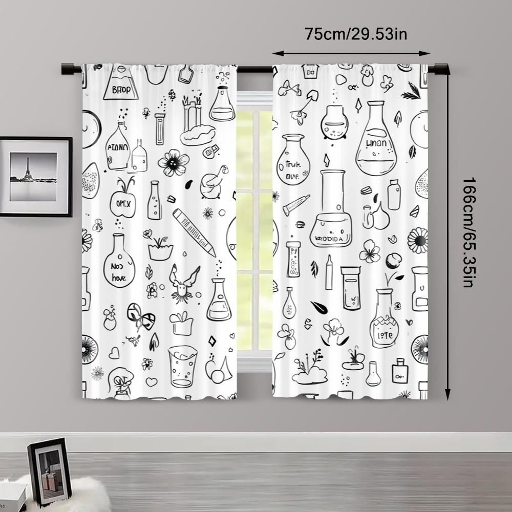 2pcs, Contemporary Curtains Black and White Floral Pattern Machine Washable (without Rod) Thermal Insulation, and Room Darkening