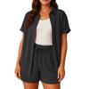 Damen Lässig Und Modisch Einfarbig Revers Kurzarm Hemd Top, High Waist Kordelzug Shorts Set
