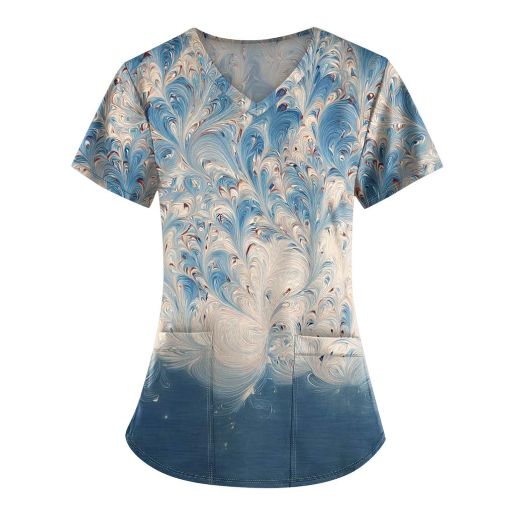 Plus Size Printed Scrub Working Uniform Tops For Women's V-Neck Print Short Sleeve Fun T-Shirts Workwear Tee With Pockets