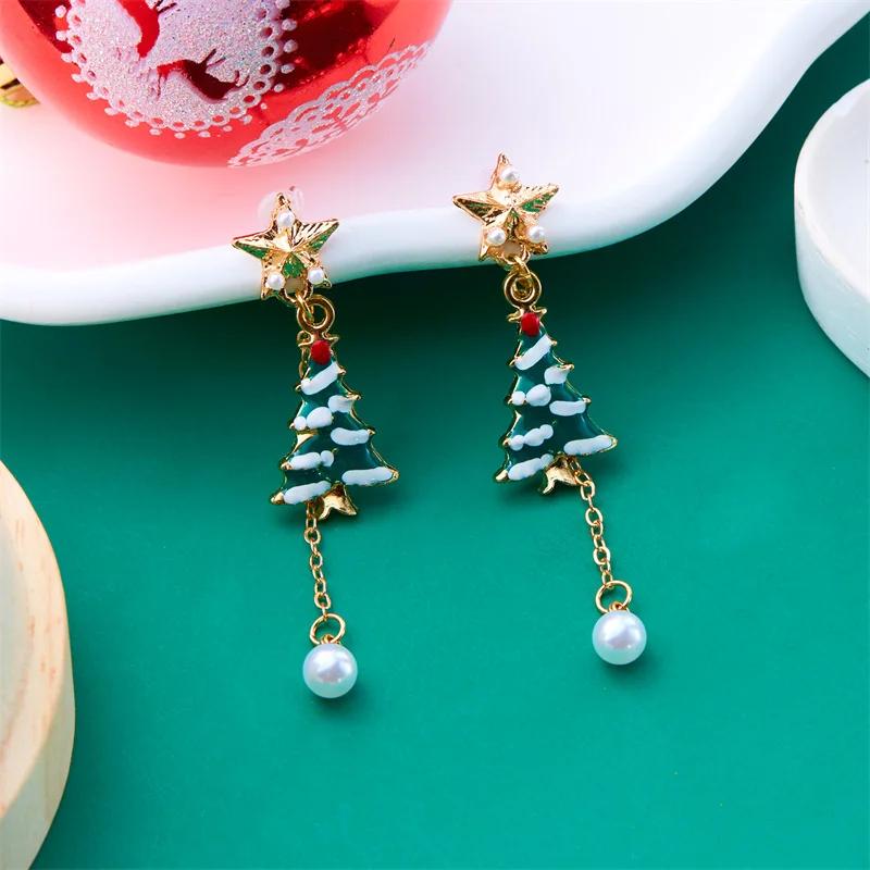 New Crystal Christmas Tree Tassel Earrings for Women Trendy Rhinestone Snowflake Bow Round Drop Earring Girls Christmas Jewelry