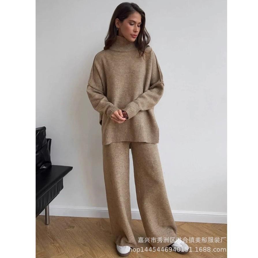 Russian turtleneck split-ended sweater knitted suit women's European and American loose casual wide-leg pants two-piece set