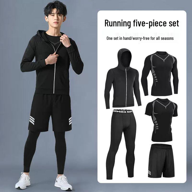 Pánské rychleschnoucí sportovní oblečení z ledového hedvábí s těsným střihem: Set s krátkým rukávem a pětibodovými kalhotami na letní fitness a běh