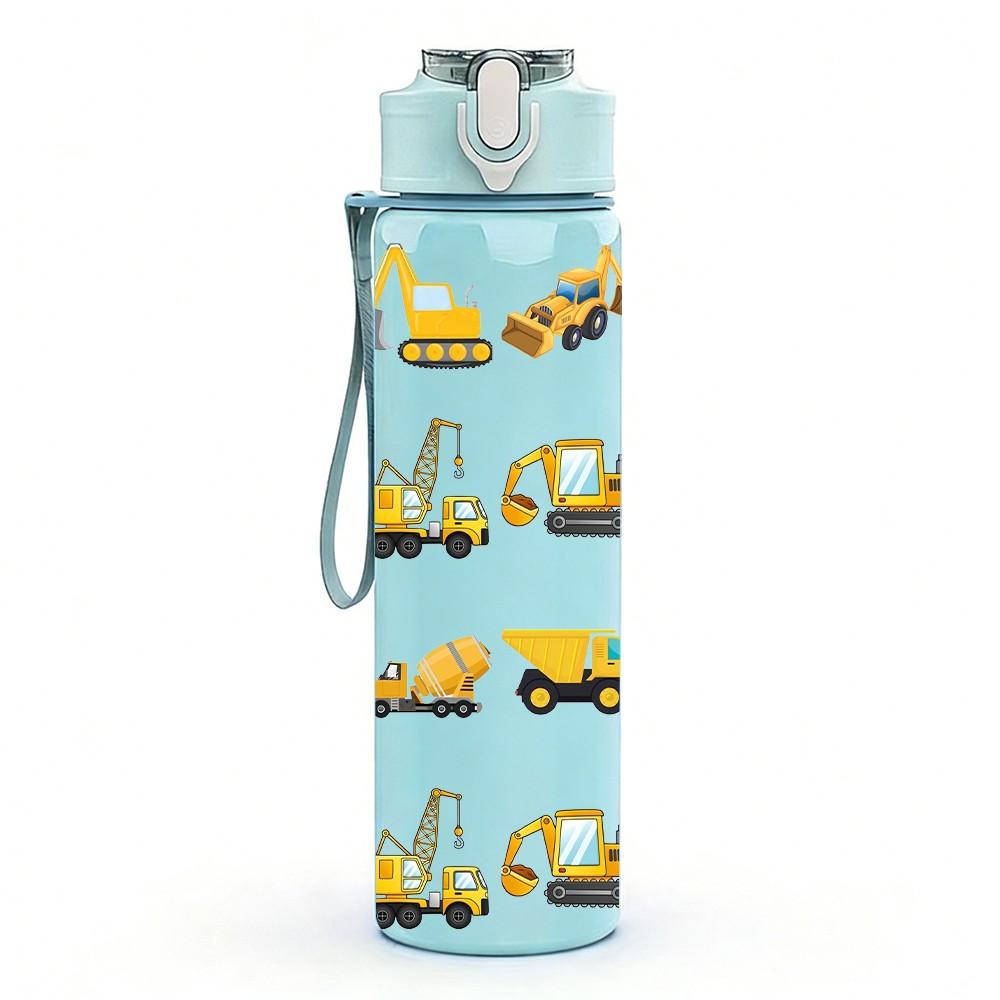 1PC Multiple Yellow Truck Vehicle Print 750ml Color Plastic Sports Water Bottle Leakproof Flip Straw Lid Suitable for Sports Office Home Use