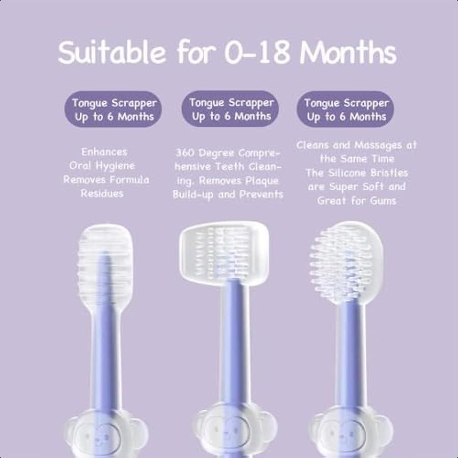

Набор из 3 силиконовых детских зубных щеток от 0 до 18 месяцев Очиститель языка для малышей + U-образная зубная щетка + Первая зубная щетка для прорезывания зубов United States