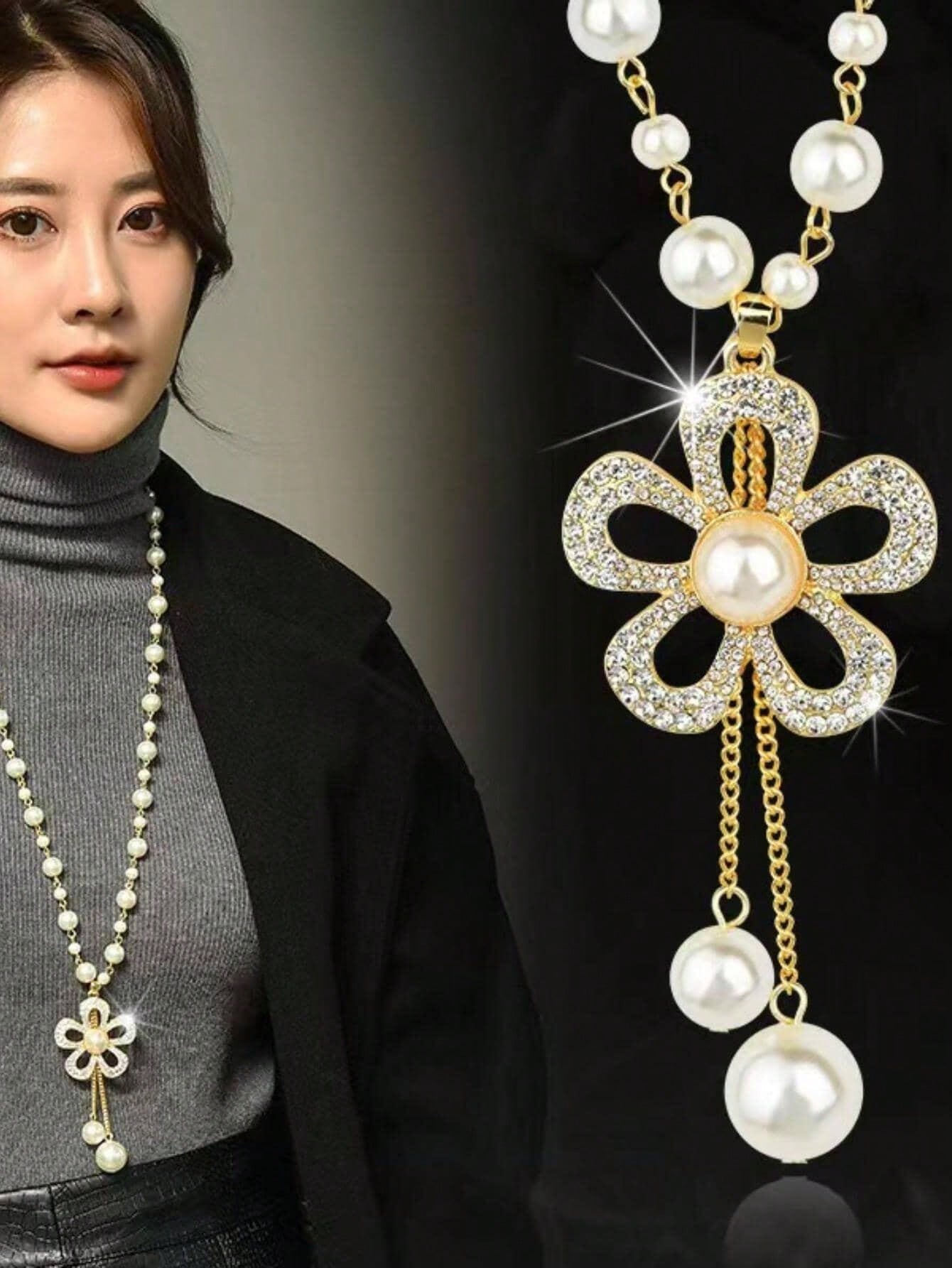 

1pc Handmade Beaded Faux Pearl Zinc Alloy Flower Necklace For Daily Wear For Women золотой