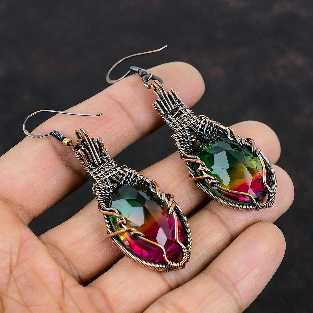 Faceted Multi Tourmaline Earring Copper Wire Wrapped Earring Gemstone Copper Jewelry Handmade Earrings Wire Wrapped Jewelry Gifts For Mother