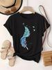 Boho Chic Feather & Bird Graphic Tee Women’s Short Sleeve Summer Top White Crew Neck T-Shirt with Blue Feather Painting