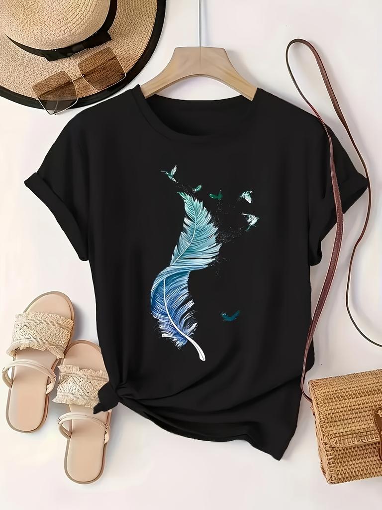 Boho Chic Feather & Bird Graphic Tee Women’s Short Sleeve Summer Top White Crew Neck T-Shirt with Blue Feather Painting