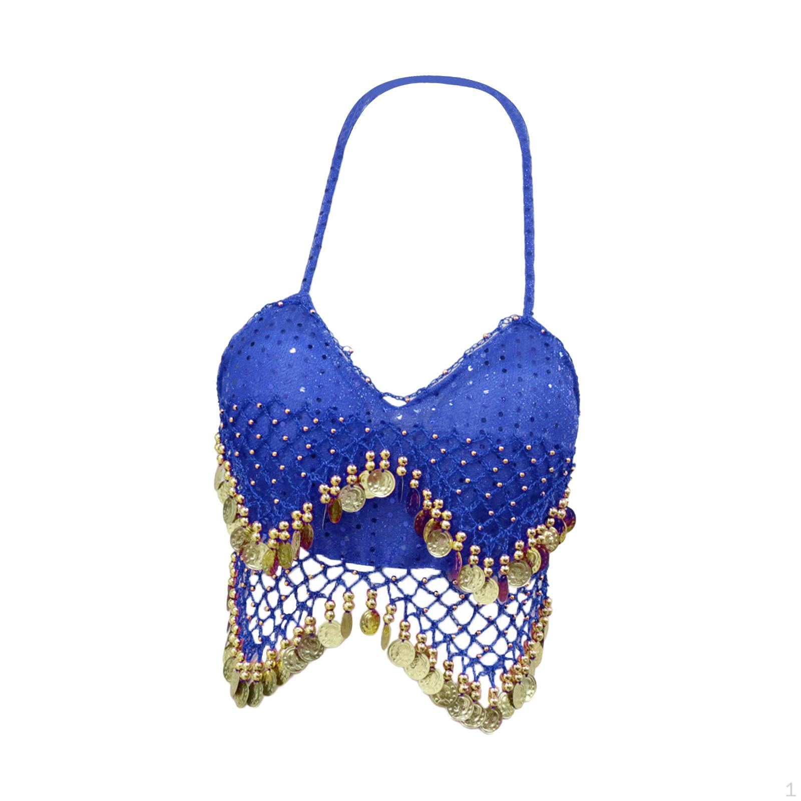 

Костюмы для танца живота с пайетками, укороченный топ, топ с бретелькой через шею для клубных и фестивальных выступлений королевский синий