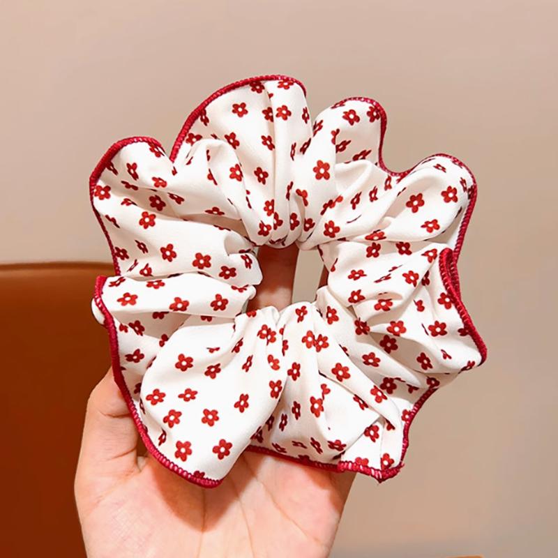 New Year Red And White Polka Dot Heart Small Flower Bow Sweet Fabric Hair Tie For Women Large Hair Elastic Hair Accessory