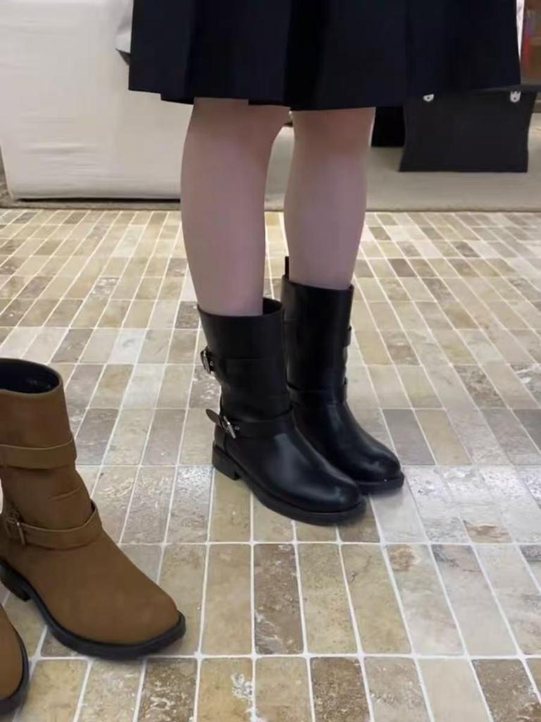 Korean 2025 Autumn Round Toe Ankle Boots with Square Heel & Buckle for Women