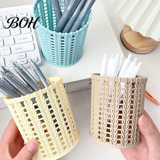 Large Capacity Pen Holder Imitation Rattan Holder, Round Hollow Desk Organizer, Pencil Organizer Cup for Pens Pencils Makeup Brushes, Nordic