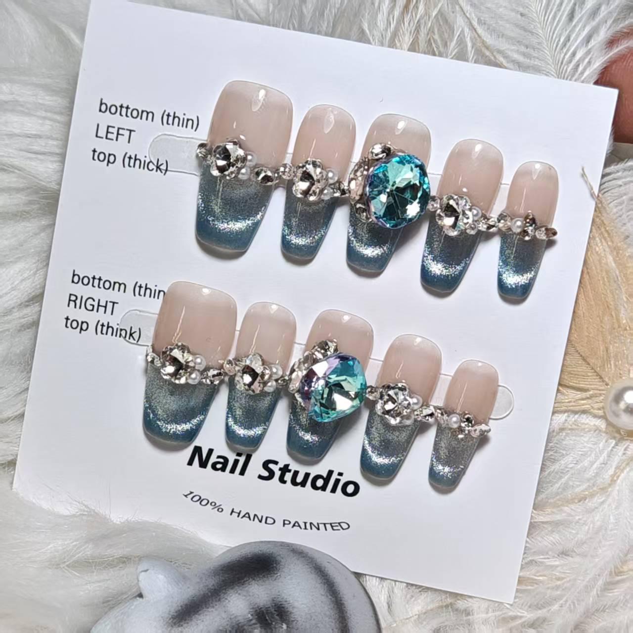 

Handmade Wearable Nails - Nude Gradient Blue, Cat Eye Pearl, Diamonds, Swan Design Extra Small XS