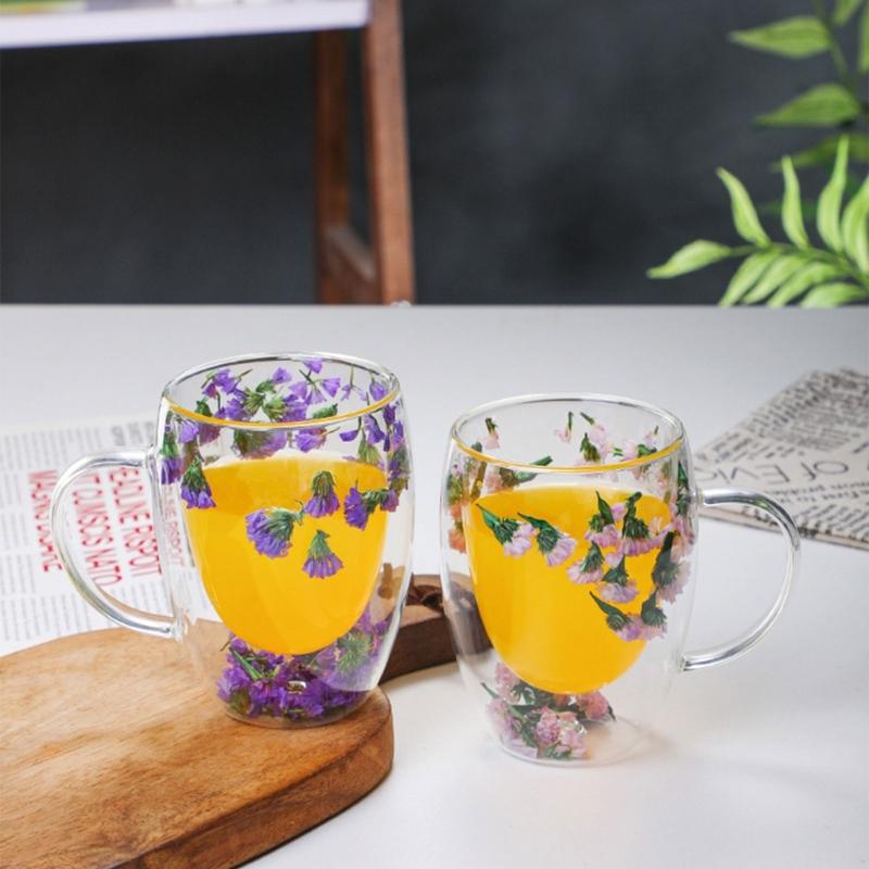 Double-layer Glass Mugs with Dry Flower and Handle for Coffee, Cocktails Elegant Glasses Cup for Entertaining Guest